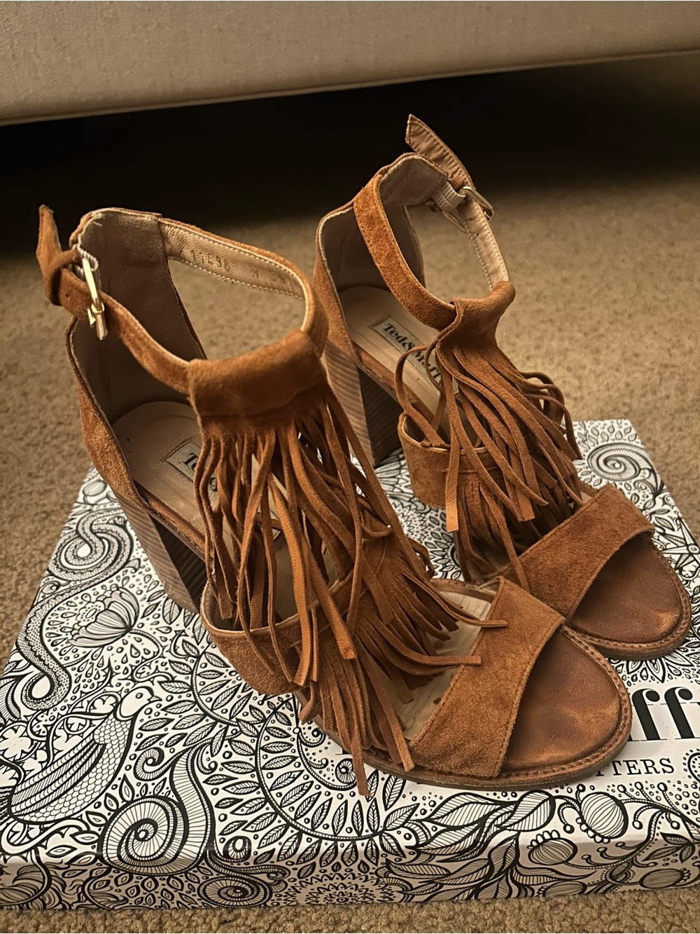Ted & Muffy (British brand) Fringe Suede Block Heel Sandals - camel tan